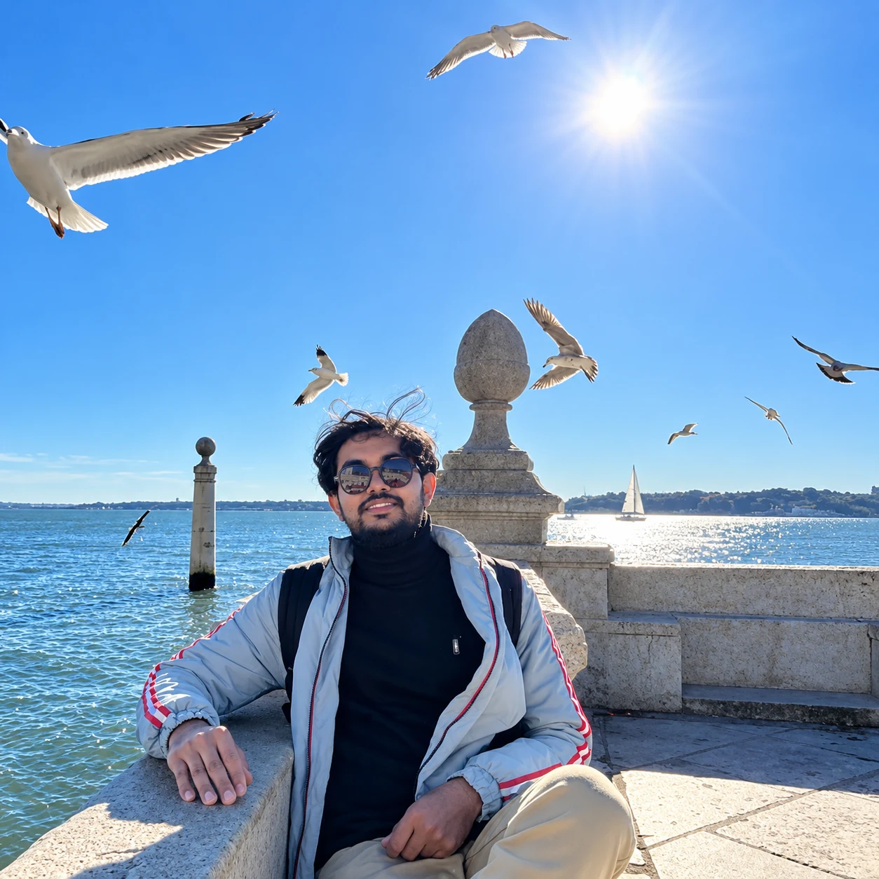 Moinul Ahsan smiling by the water, with seagulls overhead